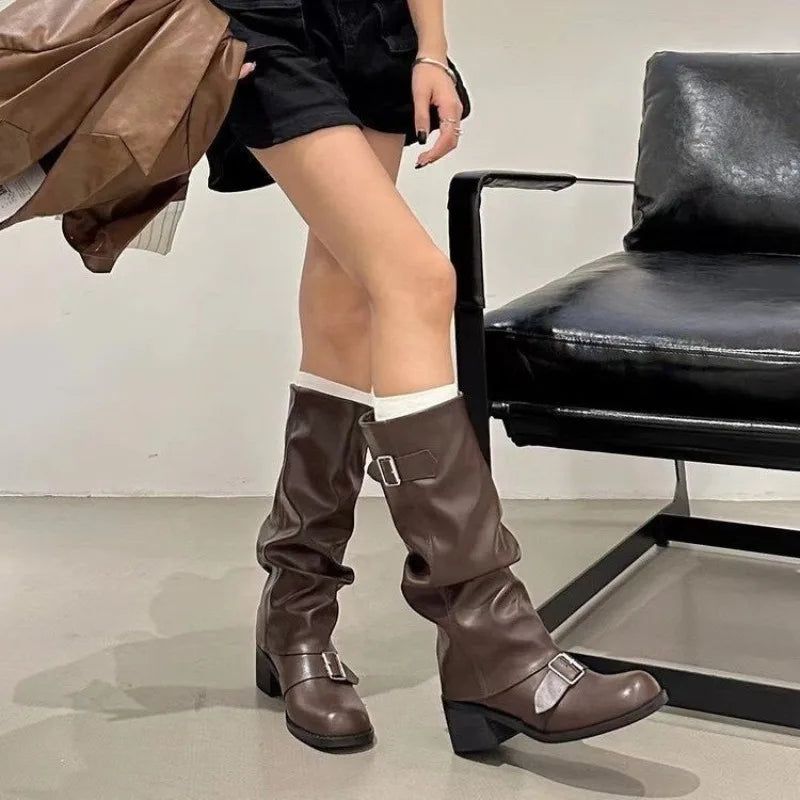 Women's Buckle Strap Knee-High Boots – Retro Round Toe Knee-High Boots Axl