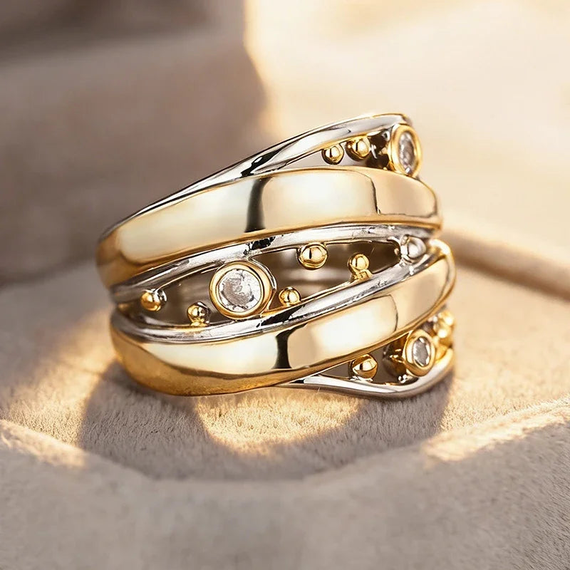 Huitan Two-Tone CZ Ring – Elegant Women's Fashion Band Fashion Ring Axl A878 10