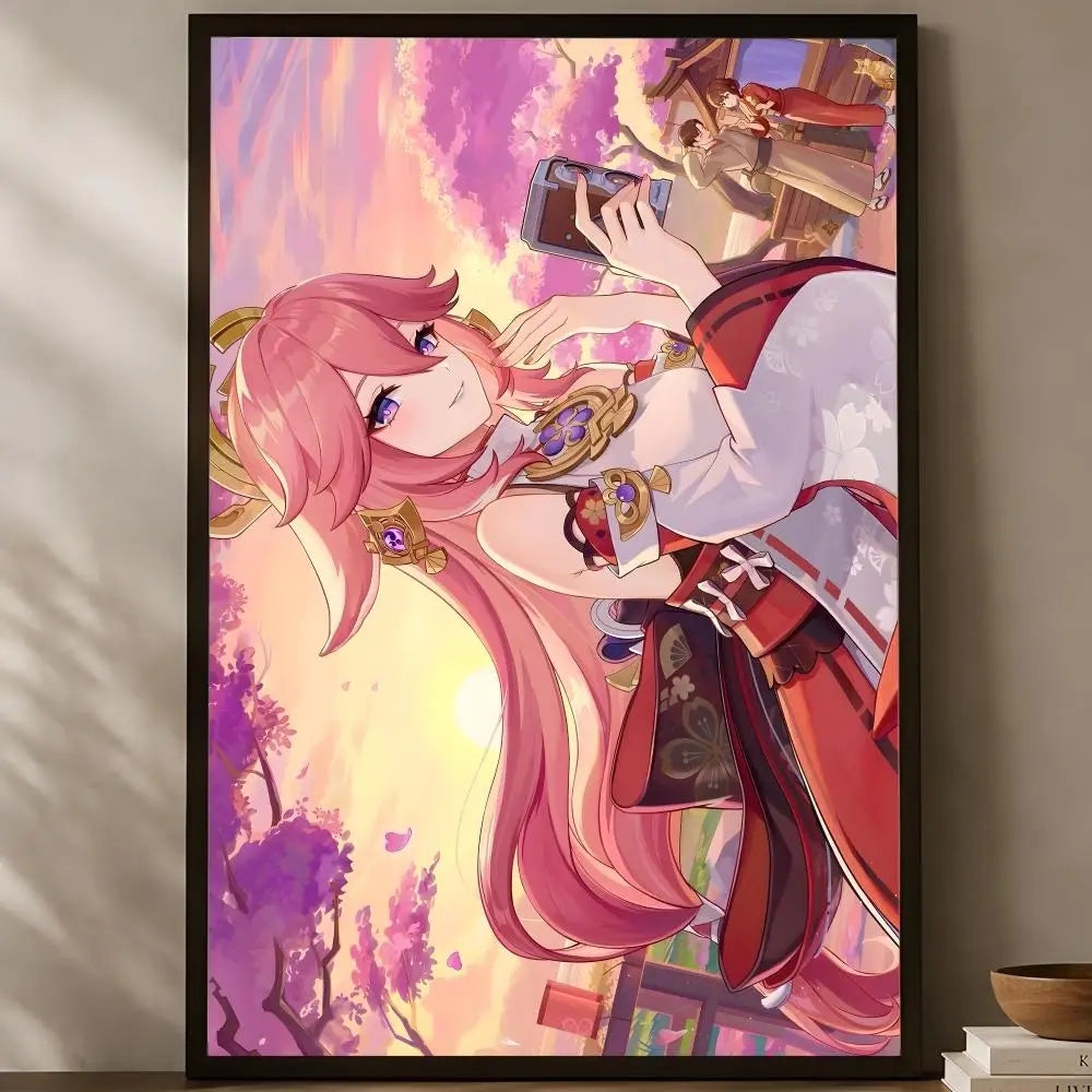Yae Miko Self-Stick HD Wall Poster – Waterproof Anime Decor Wall Art Poster Axl White11 50X70cmNoframe