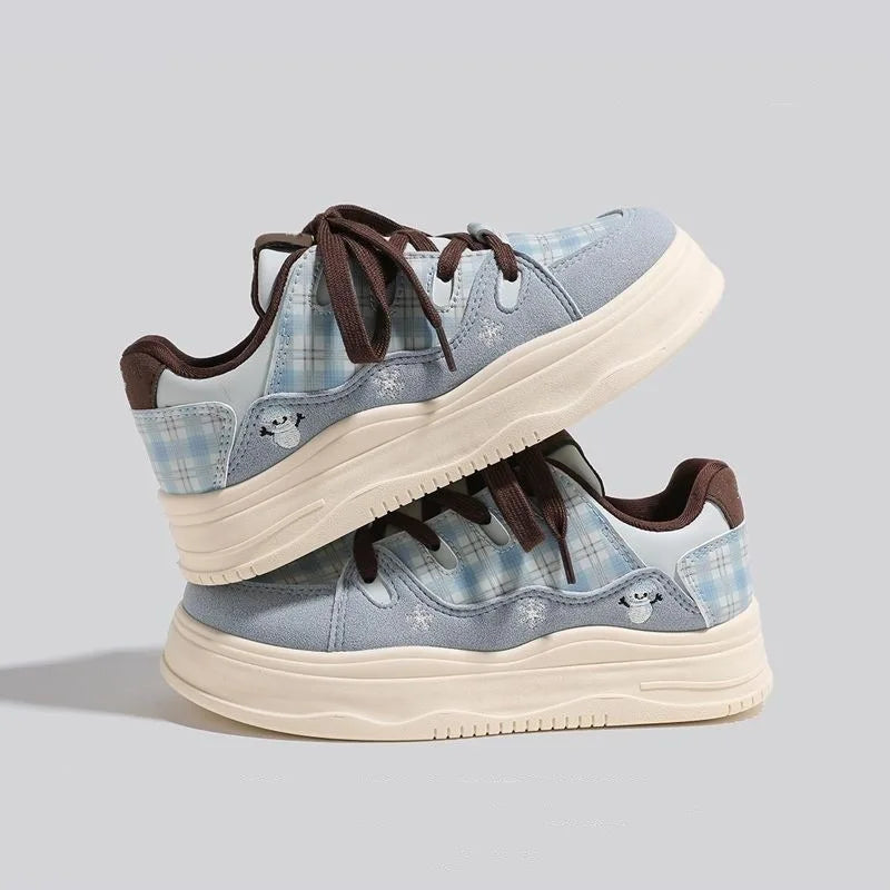 Women's Thick Sole Casual Sneakers – Flat Lace-Up Round Toe Women's Casual Sneakers Axl blue brown 35