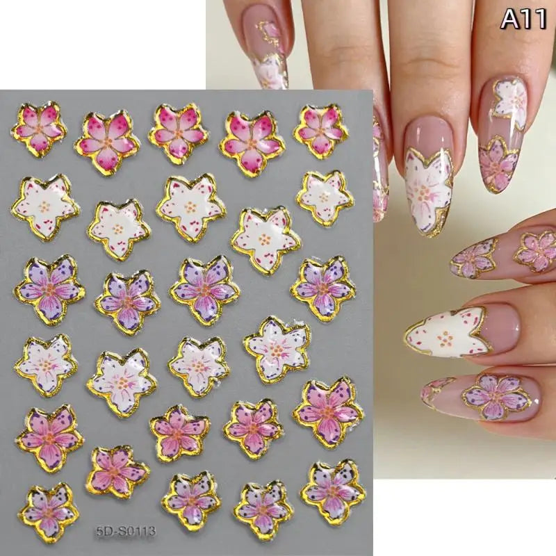 5D Floral Nail Stickers – Bronzing Blossom Petal Appliques DIY Nail Art Stickers Axl A11