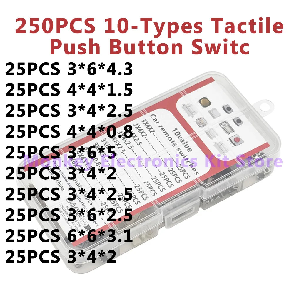 250PCS Tactile Push Button Micro Switch Set – 10 Types Micro Switch Kit Axl