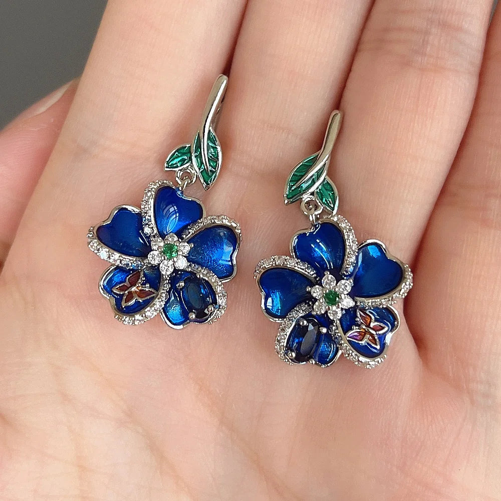 Huitan Blue Flower CZ Drop Earrings – Bridal Wedding Jewelry Drop Earrings Axl