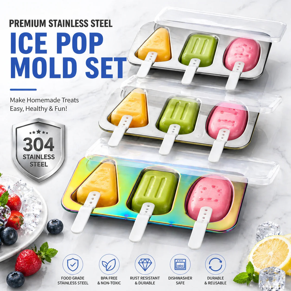 304 Stainless Steel Popsicle Mold Set – BPA Free, Easy Release Popsicle Mold Set Axl
