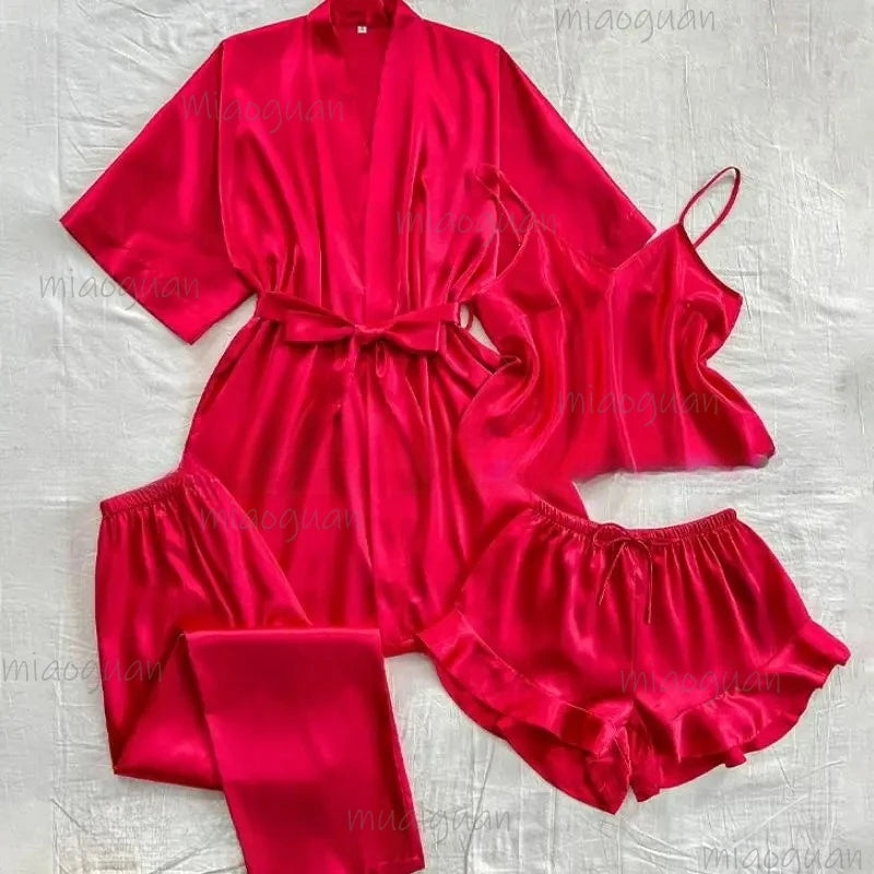 Women's 4-Piece Satin Kimono Pajama Set – Silky Loungewear Pajama Set Axl