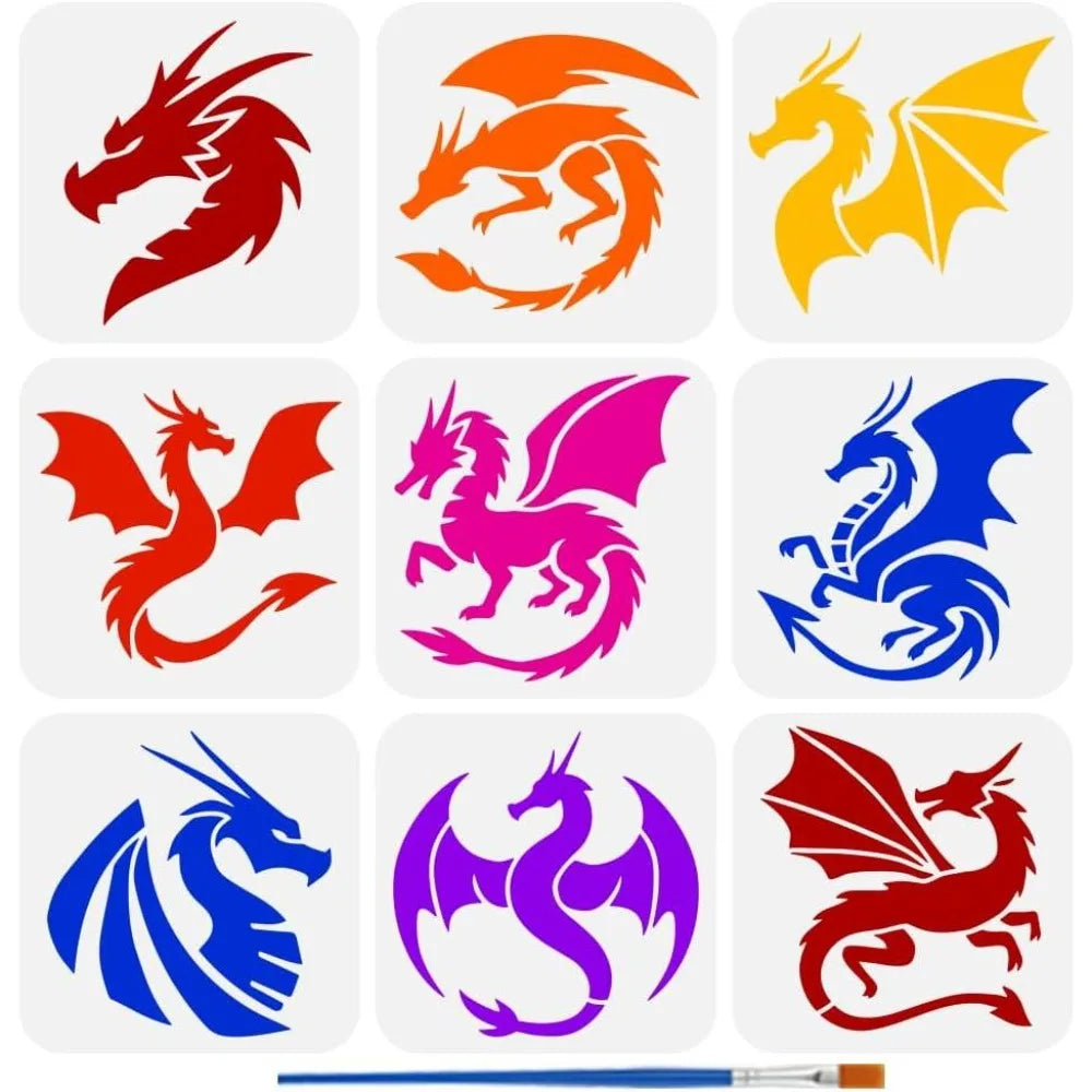 9-Piece Dragon Stencil Set 5.9" – Reusable Templates & Brush Craft Stencil Set Axl AECH04-18692