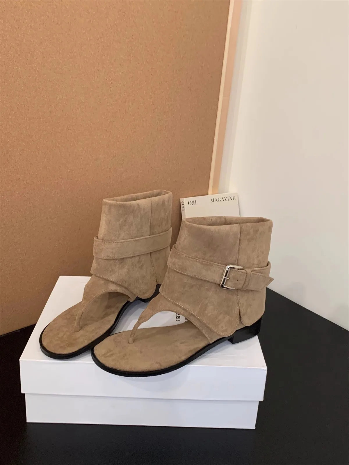 Women's Retro Hollow Ankle Boots – Square Heel Slip-On Sandal Women's Ankle Boots Axl Khaki 35