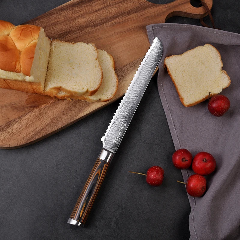 Sunnecko 8" Damascus Serrated Bread Knife – 73-Layer VG10 Steel Serrated Bread Knife Axl