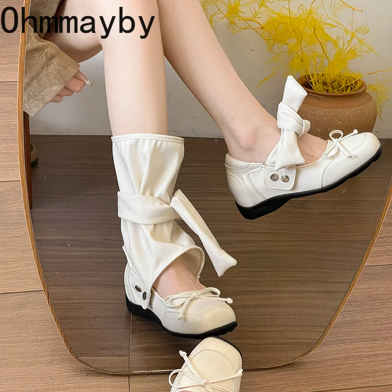 Satin Bow Ankle Strap Women's Flat Sandal Boots | Lolita Style Flat Sandal Boots Axl