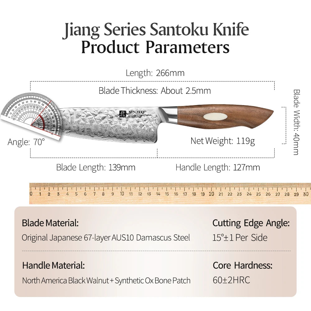 XINZUO 5.5" AUS10 Damascus Steel Santoku Knife – Jiang Series Santoku Kitchen Knife Axl