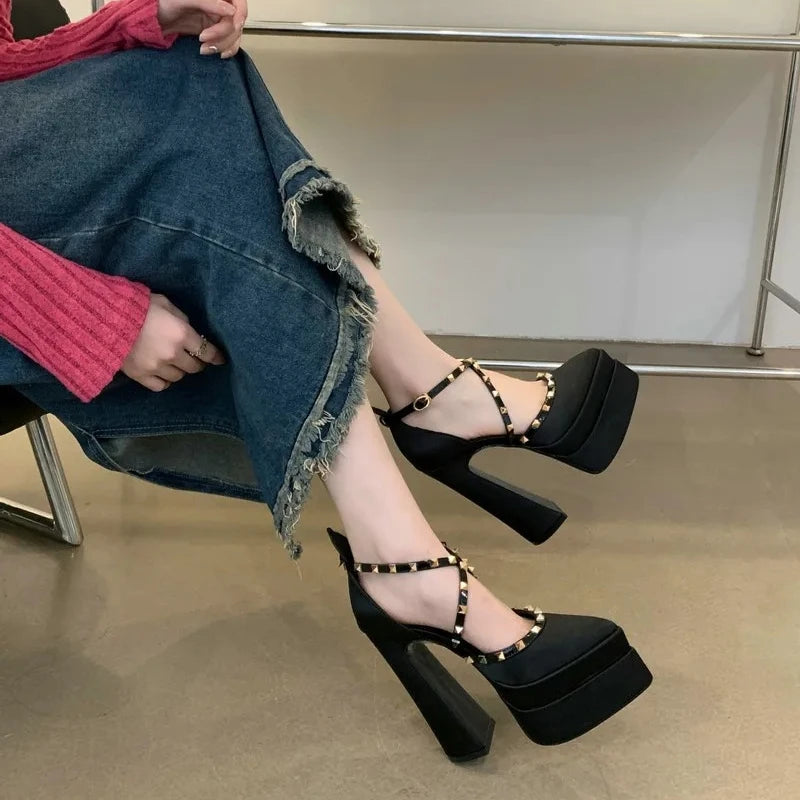Women's Satin Rivet Platform Pumps | Pointed Toe High Heels Platform Heel Pumps Axl