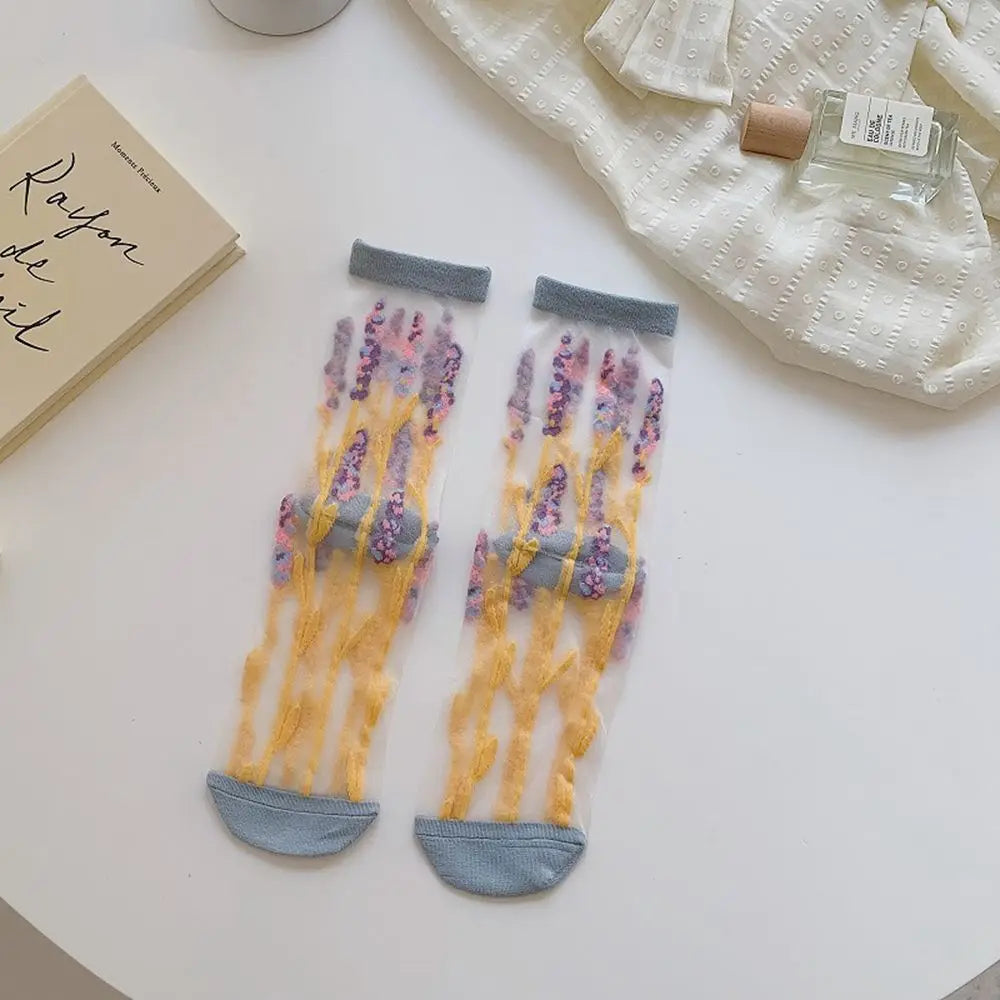 Korean Floral Mesh Tube Socks – Sheer Embroidery Women's Socks Floral Mesh Socks Axl blue One Size