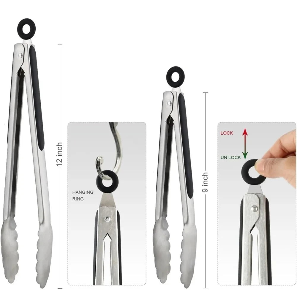 Stainless Steel BBQ Tongs – Non-Slip Extended Food Clamp BBQ Kitchen Tongs Axl