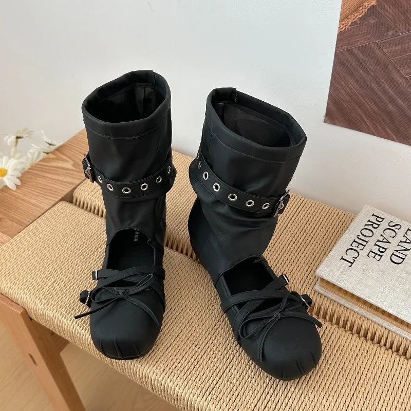 Women's Hollow Out Wedge Sandal Boots – Bow Buckle Mid-Calf Wedge Sandal Boots Axl black 38