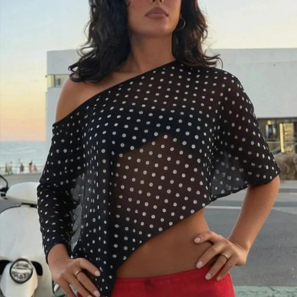 Sheer Polka Dot Cover-Up Blouse | Off Shoulder Loose Top Sheer Cover-Up Blouse Axl