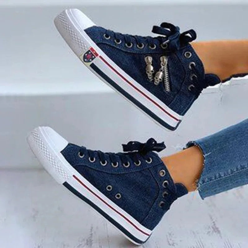 Women's High Top Denim Canvas Sneakers – Lace-Up Flat Shoes High Top Sneakers Axl