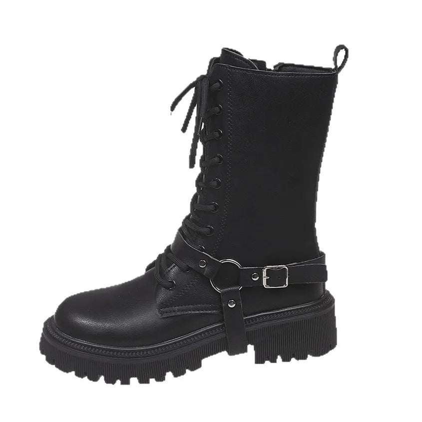 Women's Punk Mid-Calf Motorcycle Boots – Belt Buckle Zipper Mid-Calf Boots Axl black 40