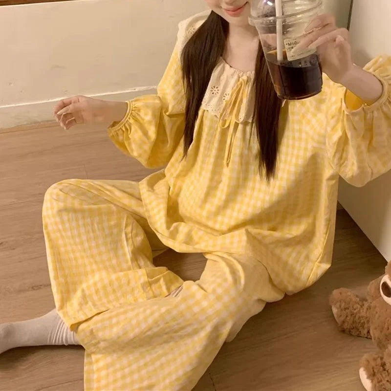 Women's Yellow Plaid Pajama Set – Long Sleeve Sleepwear Women's Pajama Set Axl