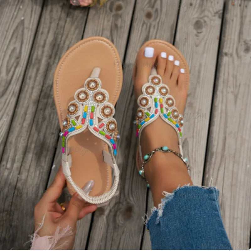 Women's Beaded Bohemian Flat Sandals – Roman Beach Shoes Flat Sandals Axl Brown 38