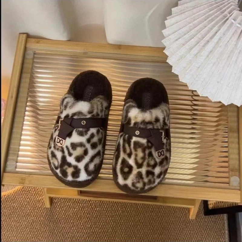 Women's Leopard Chunky Plush Slippers – Cozy Indoor Slide Plush Indoor Slippers Axl