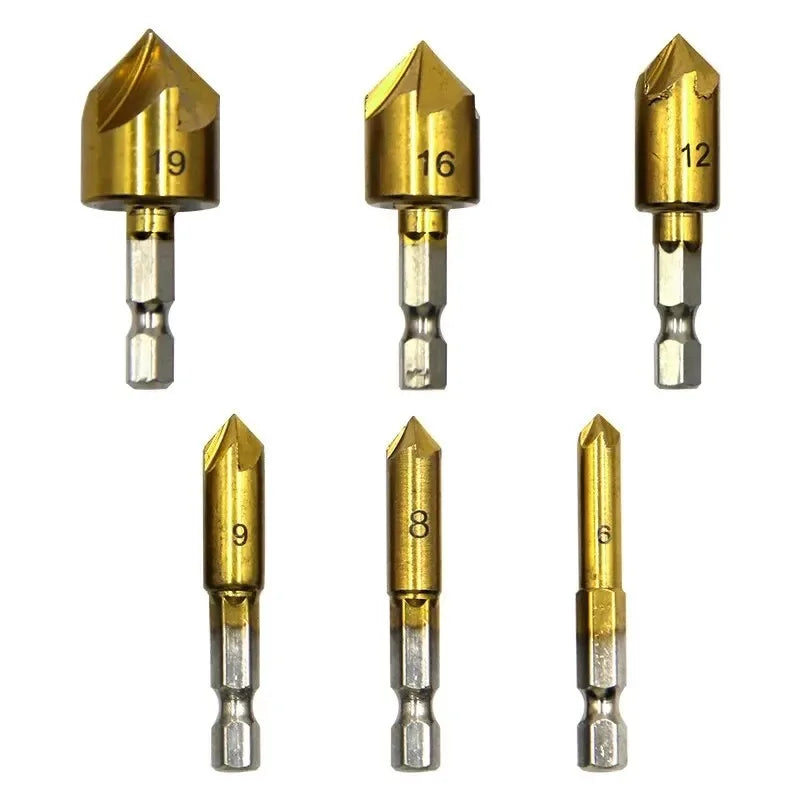 6PC Countersink Drill Bit Set 6–19mm | Titanium Chamfering Tool Countersink Drill Set Axl