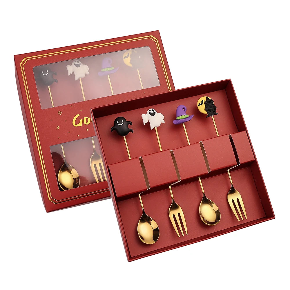 4-Piece Halloween Stainless Steel Spoon & Fork Set – Gift Box Flatware Gift Set Axl 4PCS Red Box B