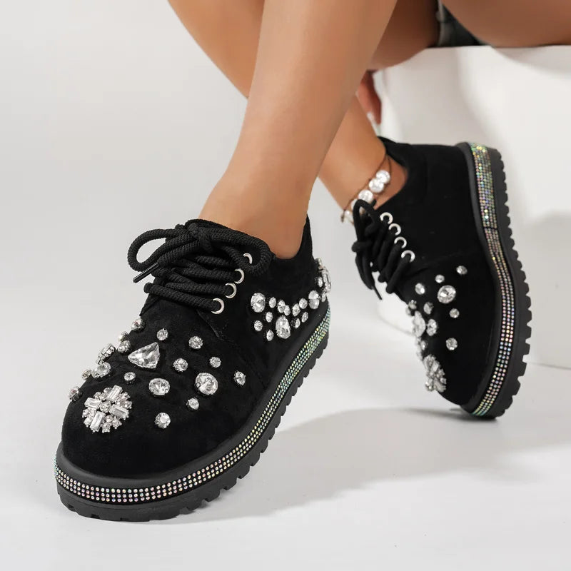 Women's Rhinestone Platform Sneakers | Crystal Suede Shoes Platform Sneakers Axl