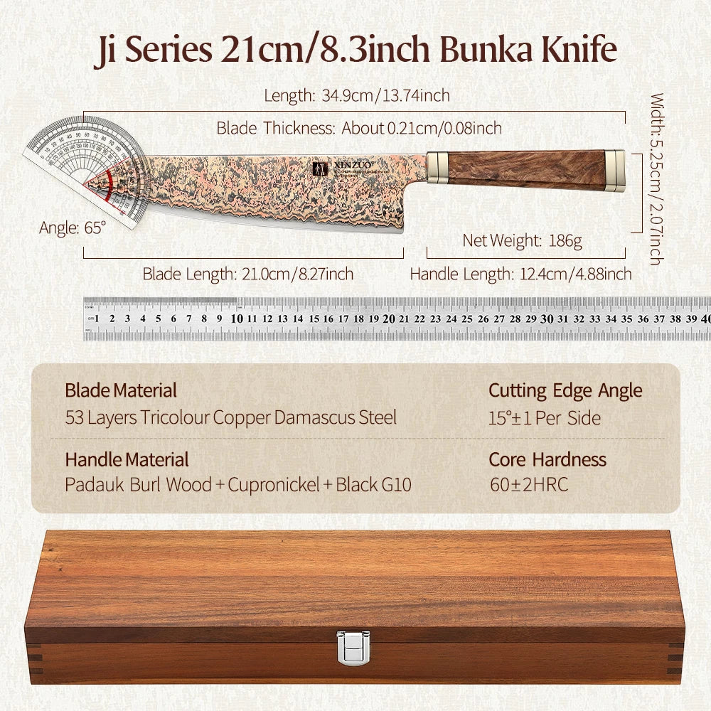 XINZUO 8.27" Bunka Knife – 53-Layer Copper Damascus Steel Damascus Kitchen Knife Axl