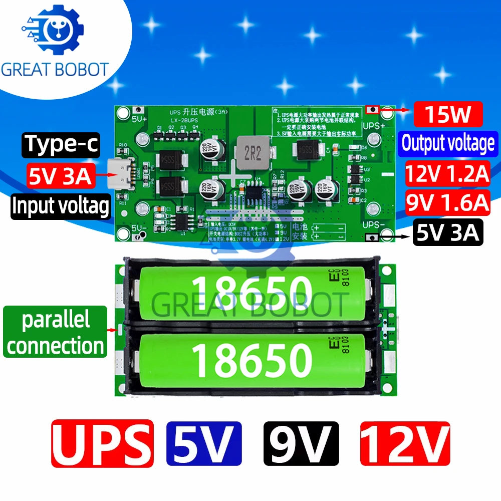 Type-C 15W 18650 Battery Charger Module DC-DC Boost UPS 5V 9V 12V Battery Charger Module Axl