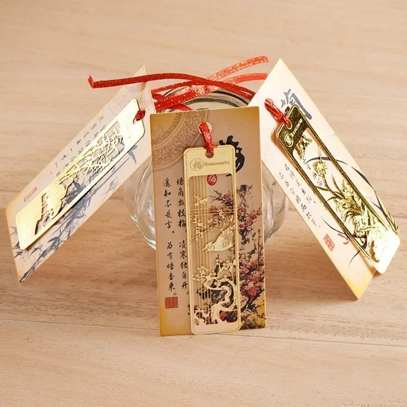 Chinese Style Metal Hollow Bookmarks with Red Knot | Gift Set Metal Bookmarks Axl