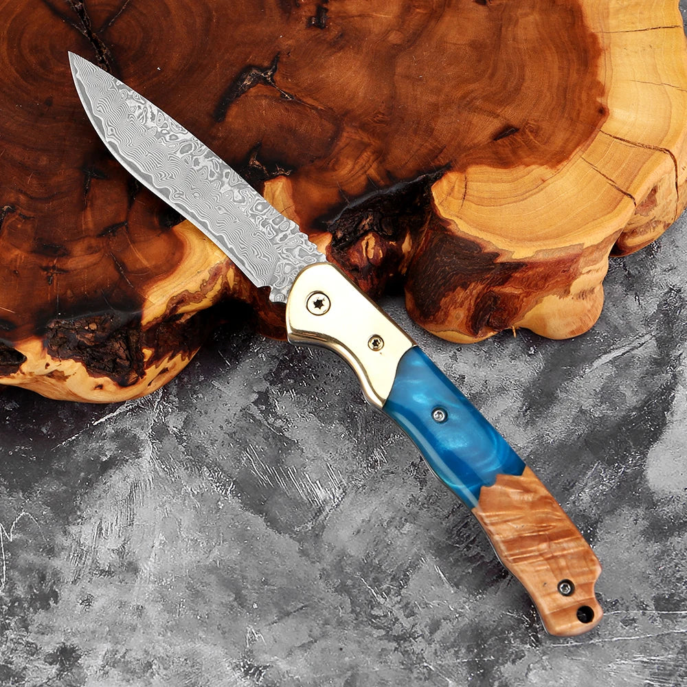 Damascus Steel Folding Knife – Rosewood & Resin Handle | EDC Folding Pocket Knife Axl