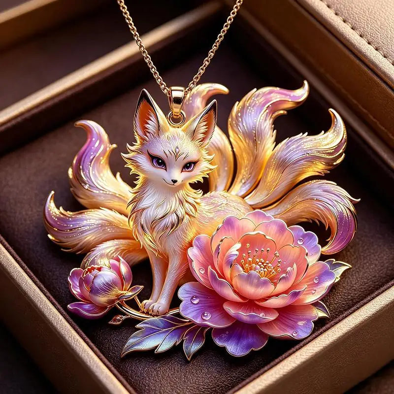 Nine-Tailed Fox Enamel Pendant Necklace | Chinese Mythology Enamel Pendant Necklace Axl A16