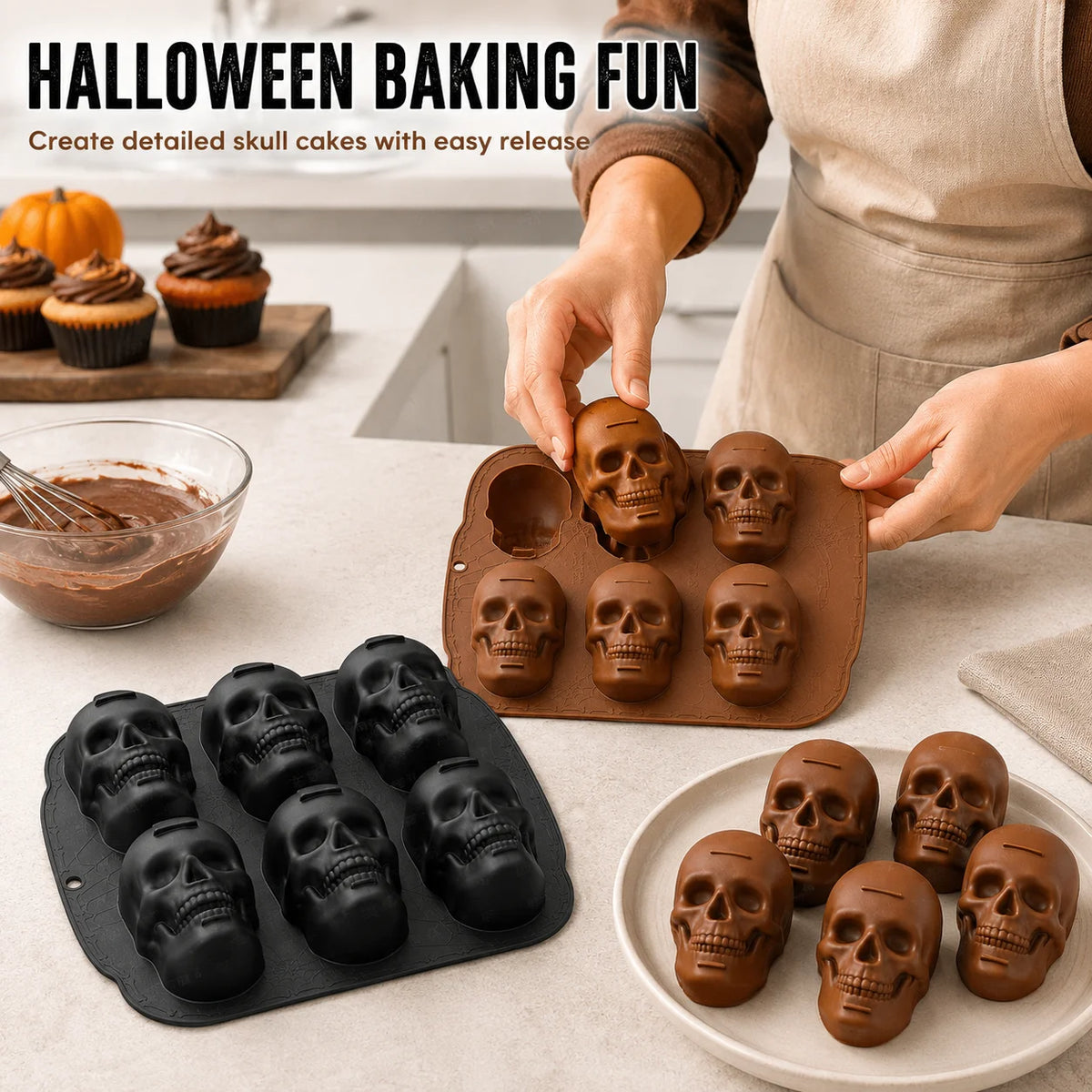 6-Cavity Skull Silicone Baking Mold | Halloween Cake & Chocolate Pan Silicone Baking Mold Axl