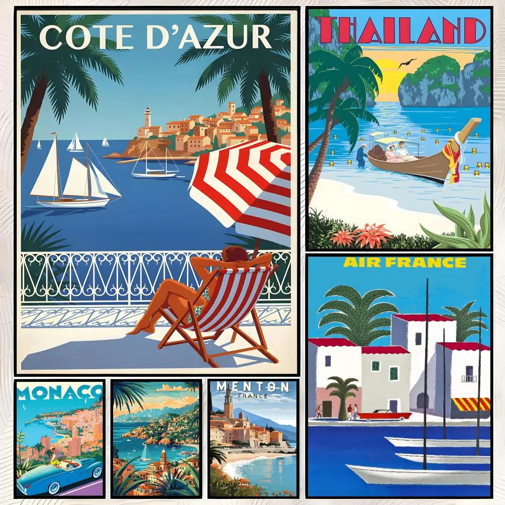 French Riviera Vintage Travel Poster – Self-Stick Wall Art Vintage Wall Poster Axl
