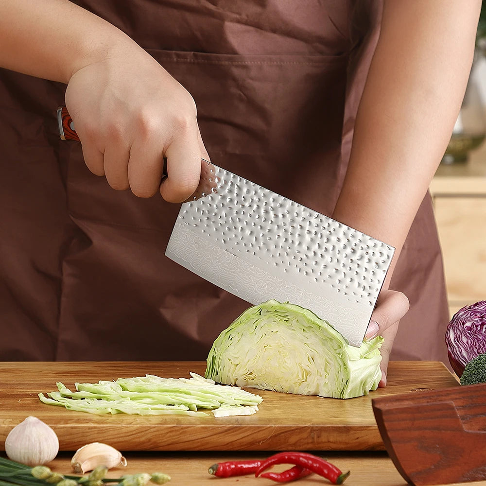 Sunnecko 7" Damascus Steel Cleaver Knife | Pakkawood Handle Damascus Cleaver Knife Axl