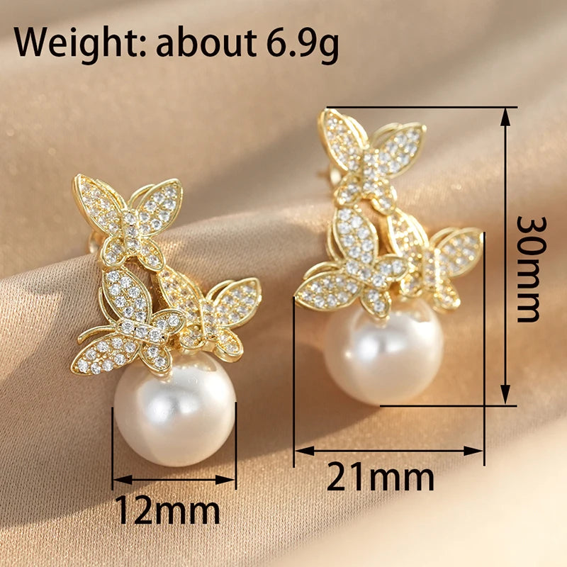 Huitan Butterfly Drop Earrings – CZ & Pearl Wedding Jewelry Drop Earrings Axl