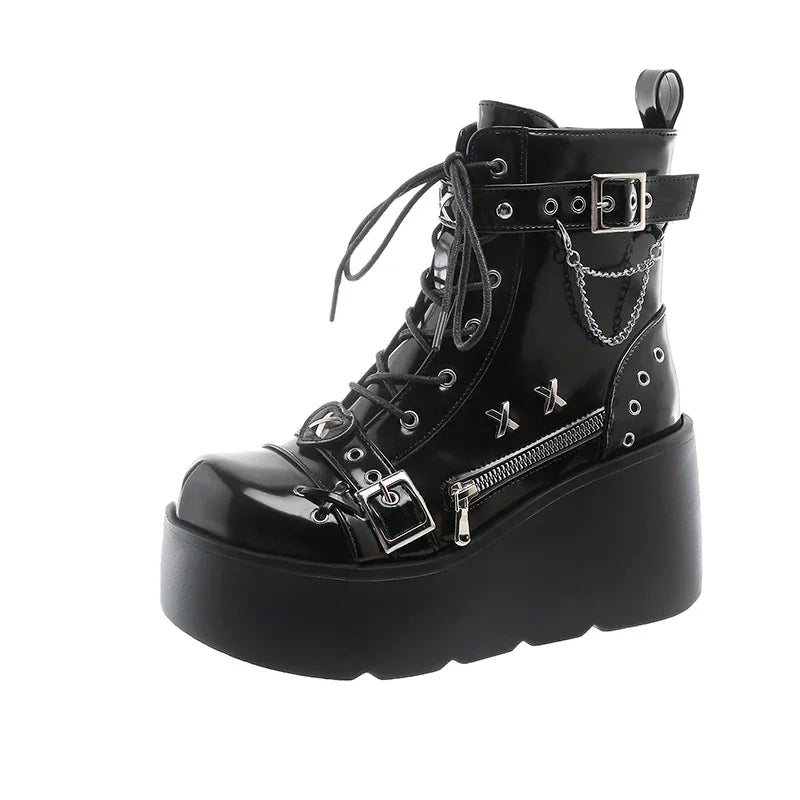 Gothic Platform Wedge Mid-Calf Boots – Women's Lace-Up Platform Wedge Boots Axl black 37