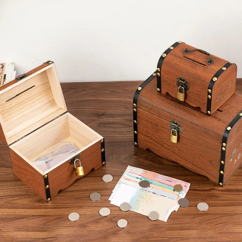 Vintage Wooden Treasure Chest with Lock | Piggy Bank & Decor Decorative Storage Box Axl
