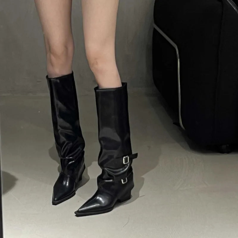 Women's Pointed Toe Block Heel Boots with Buckle Strap Women's Fashion Boots Axl