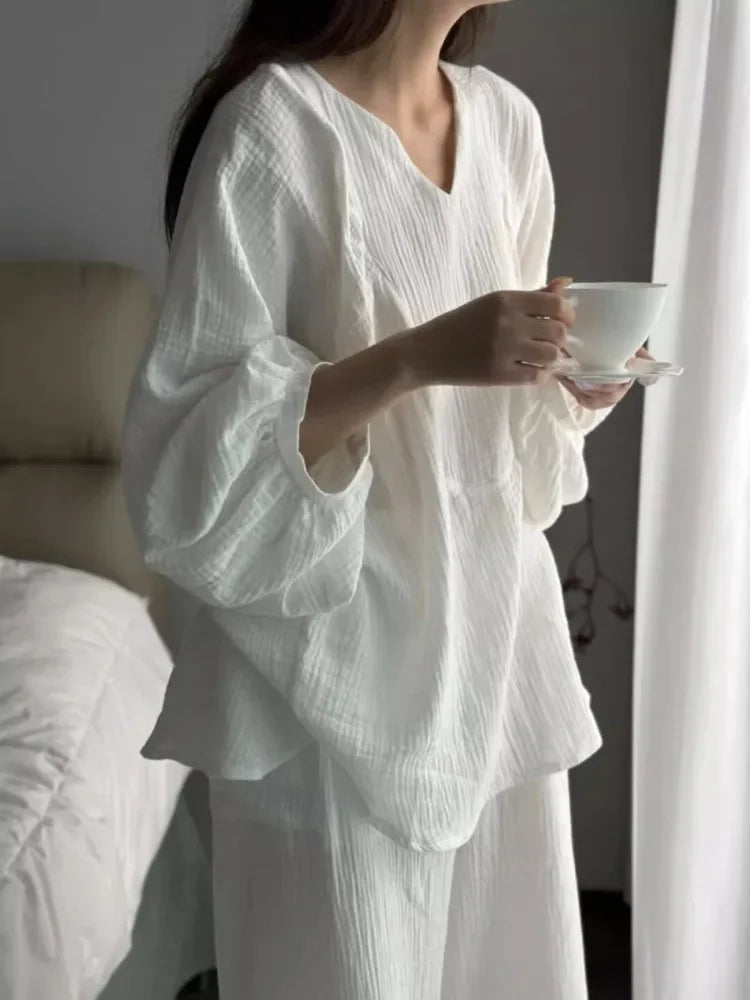 Women's V-Neck Pajama Set – Elegant Cotton Loungewear Women's Pajama Set Axl WHITE M