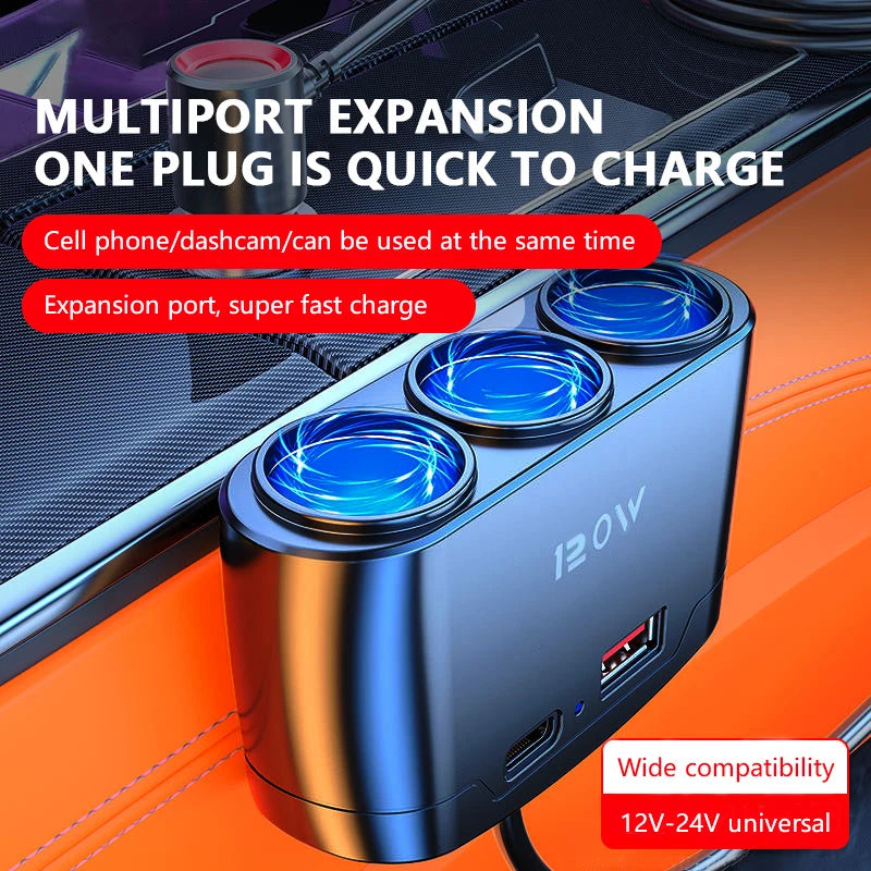 120W Car Charger Adapter – 3-Port USB + PD 12V/24V Universal Car Charger Adapter Axl