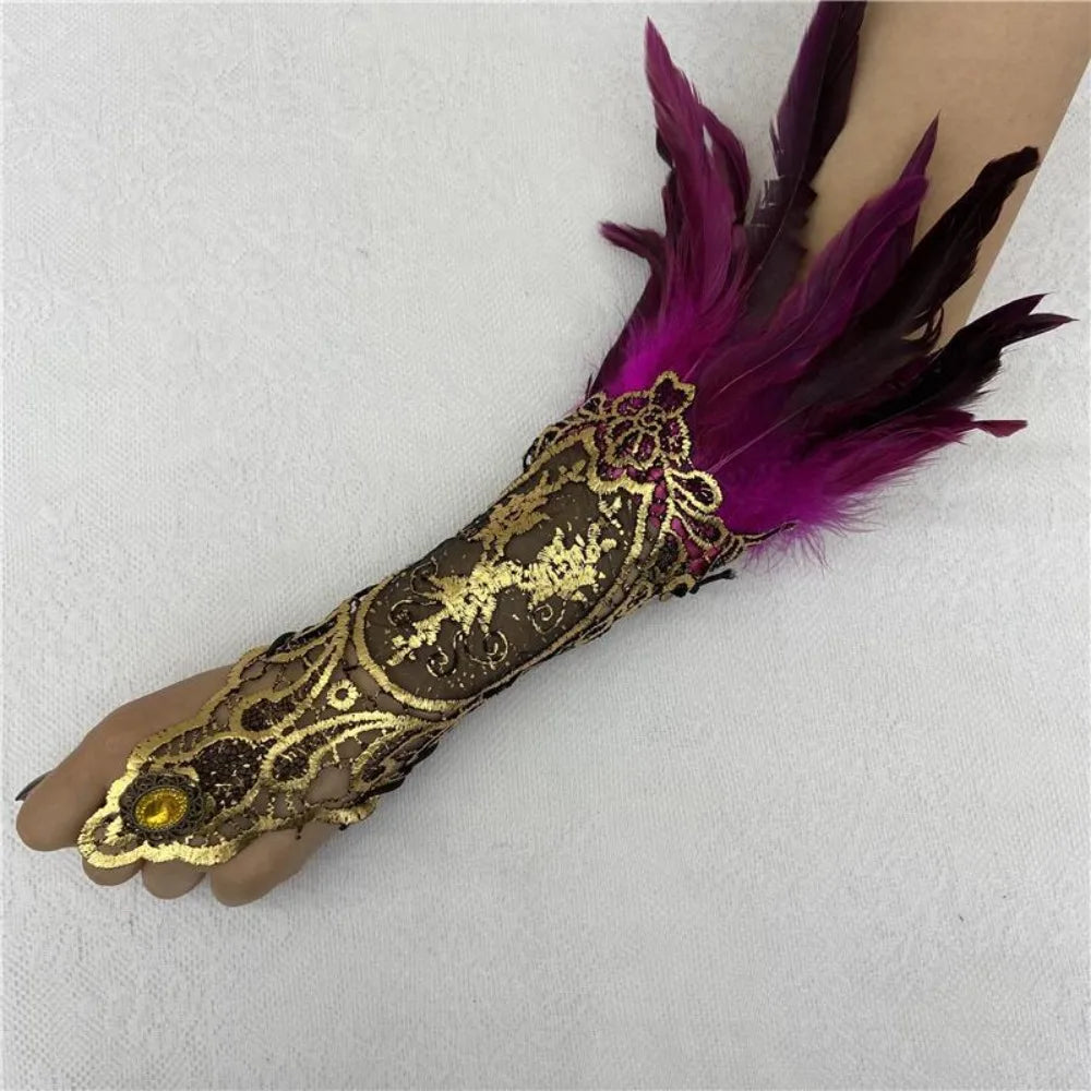 Women's Feather Lace Cuffs – Vintage Gothic Halloween Wristband Costume Feather Gloves Axl Rose Red