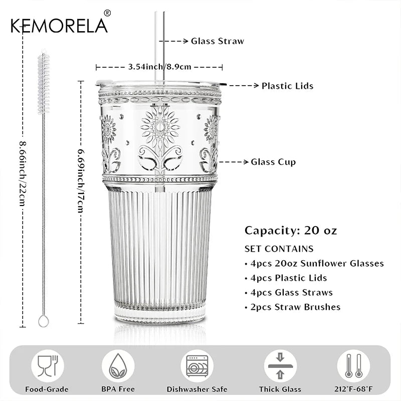 KEMORELA 590ml Sunflower Glass Cups with Lids & Straws Glass Drinkware Set Axl