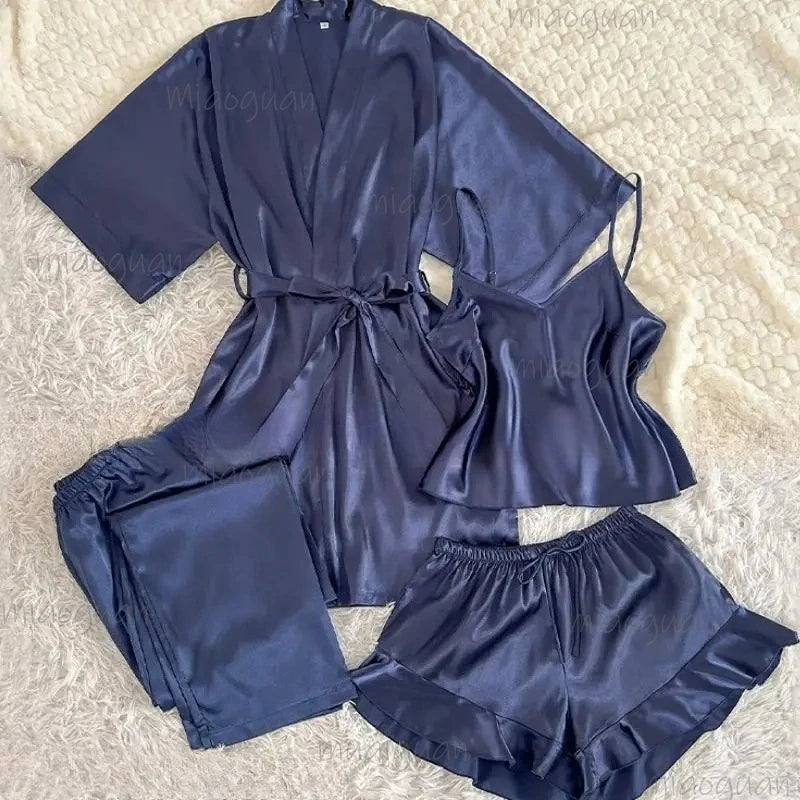 Women's 4-Piece Satin Kimono Pajama Set – Silky Loungewear Pajama Set Axl
