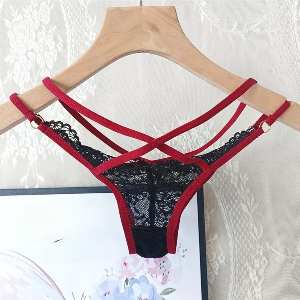 Women's Lace Mesh Thong – Color Block Low-Rise G-String Panties Lace Thong Panties Axl Red One Size 1pc