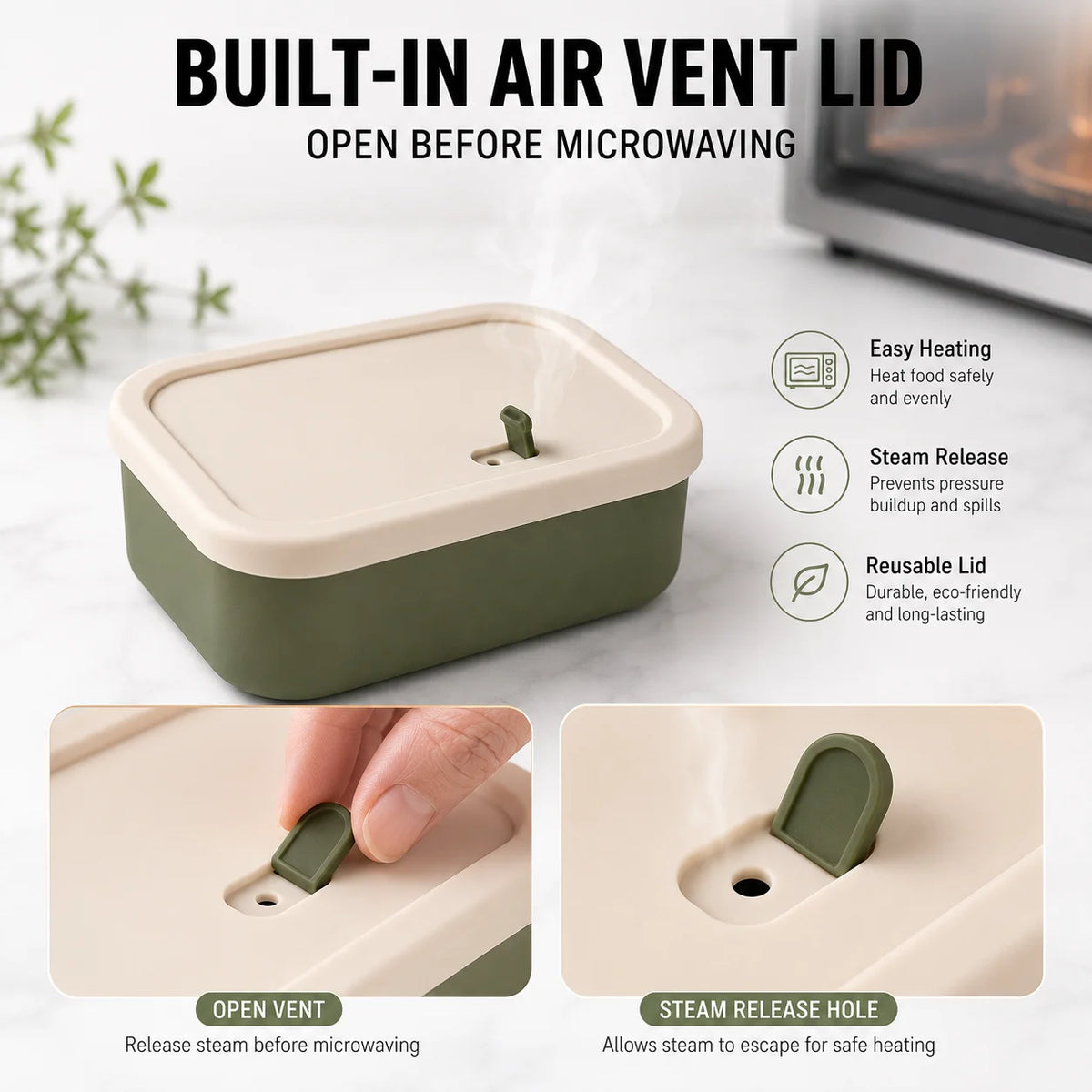 UWHISE Silicone Bento Box 3-Compartment Microwave Safe Lunch Box Silicone Lunch Box Axl