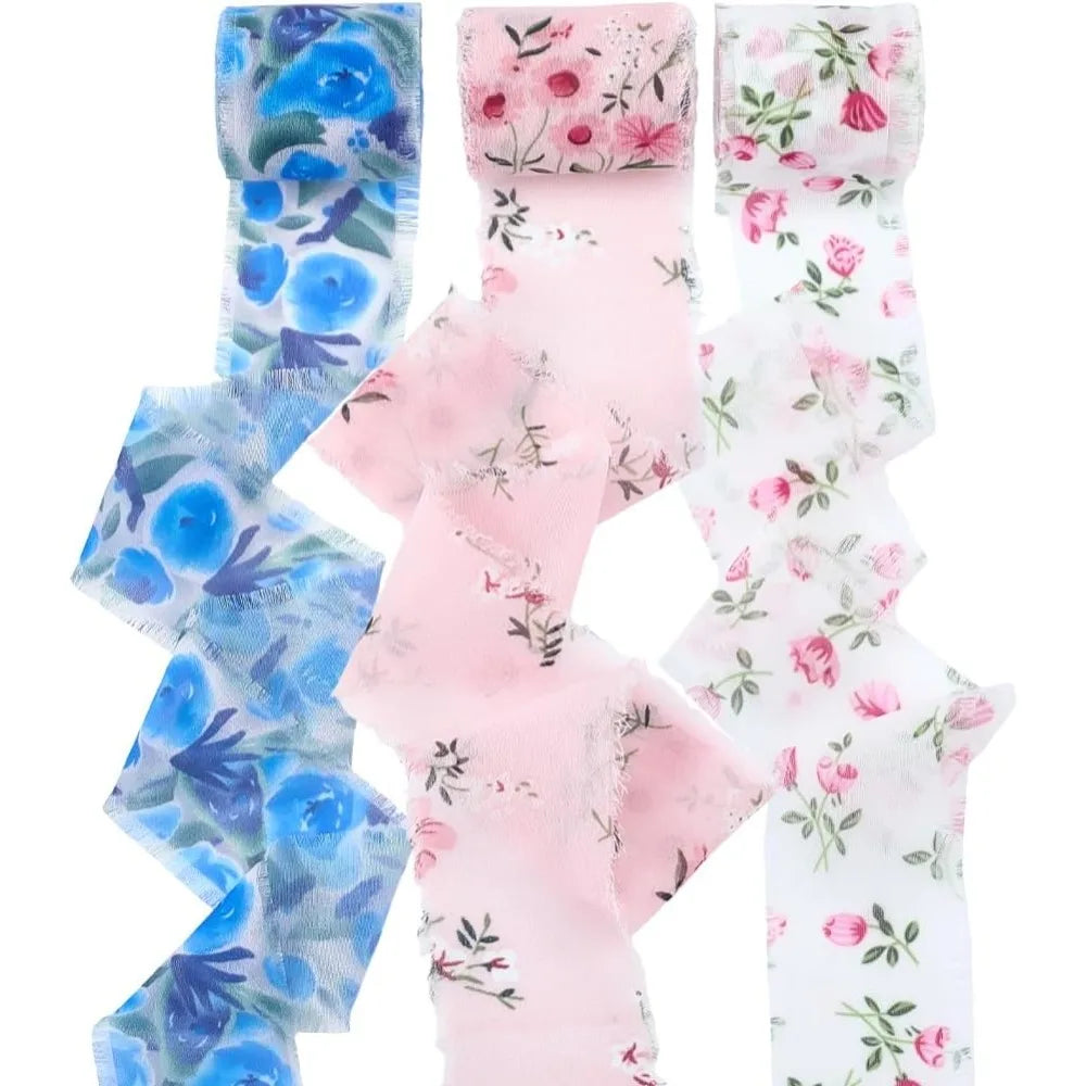 Flower Pattern Polyester Ribbon Set – 3 Rolls Fringe Raw Edge Craft Ribbon Set Axl AECH04-17548