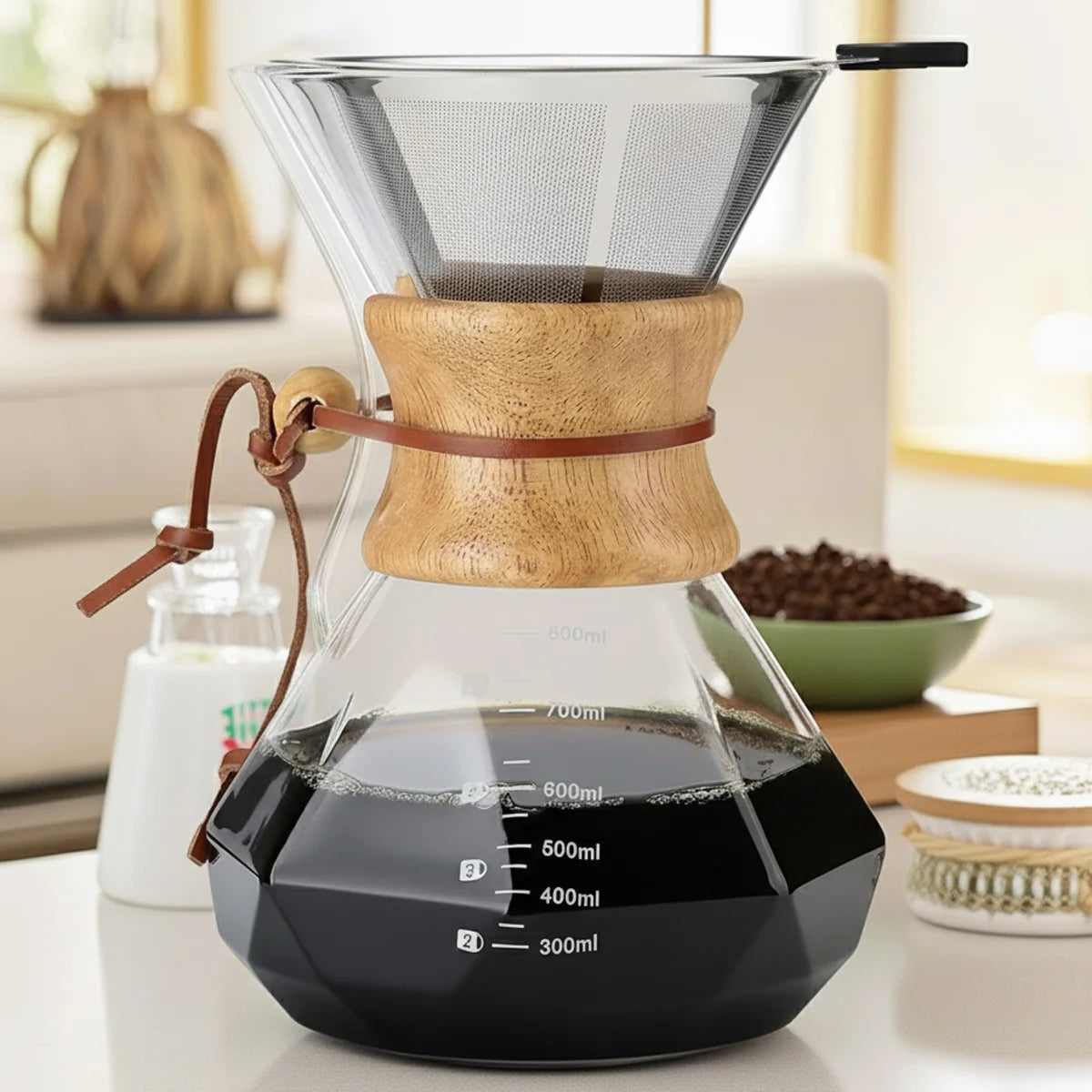 Pour-Over Glass Coffee Maker | Stainless Steel Filter & Wooden Collar Pour-Over Coffee Maker Axl