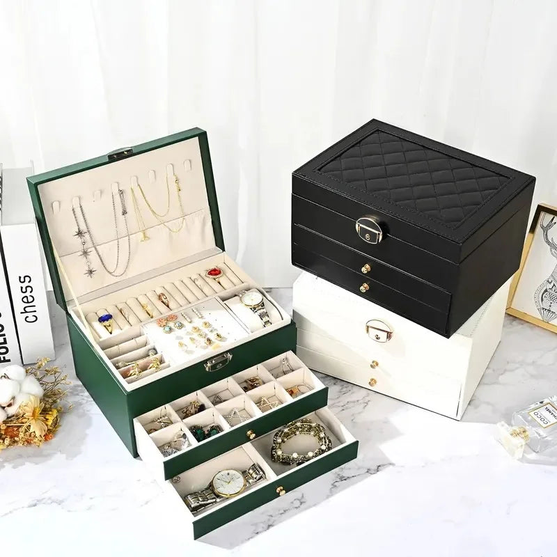 Multi-Layer Drawer Jewelry Organizer – Leather & Velvet Box Jewelry Storage Box Axl