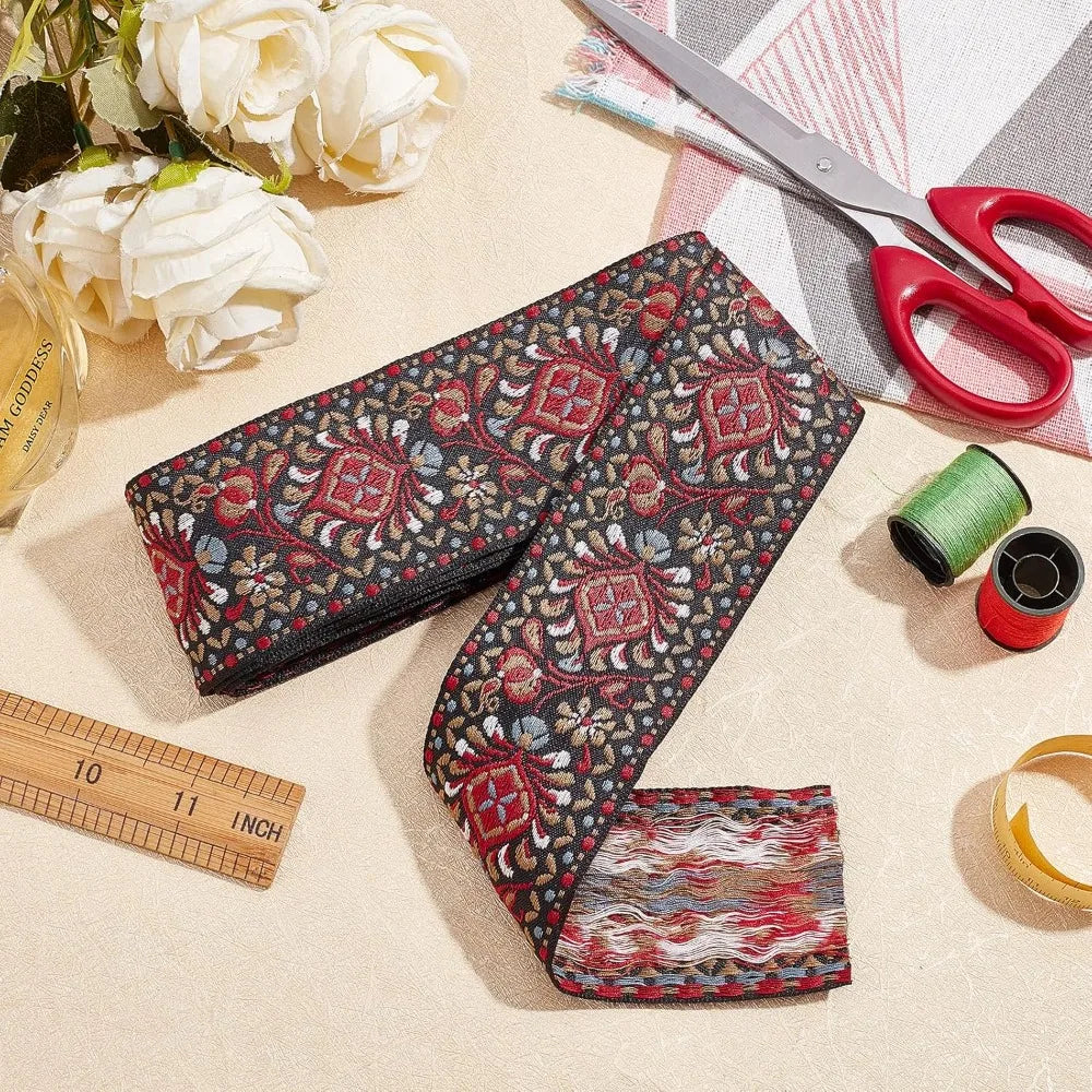 Ethnic Floral Jacquard Ribbon 2 Inch Indian Red – 10 Yards Jacquard Craft Ribbon Axl